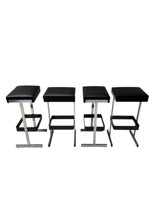 Four Mid-Century Modern Bar Stools with Black Leather Seats, 1970s